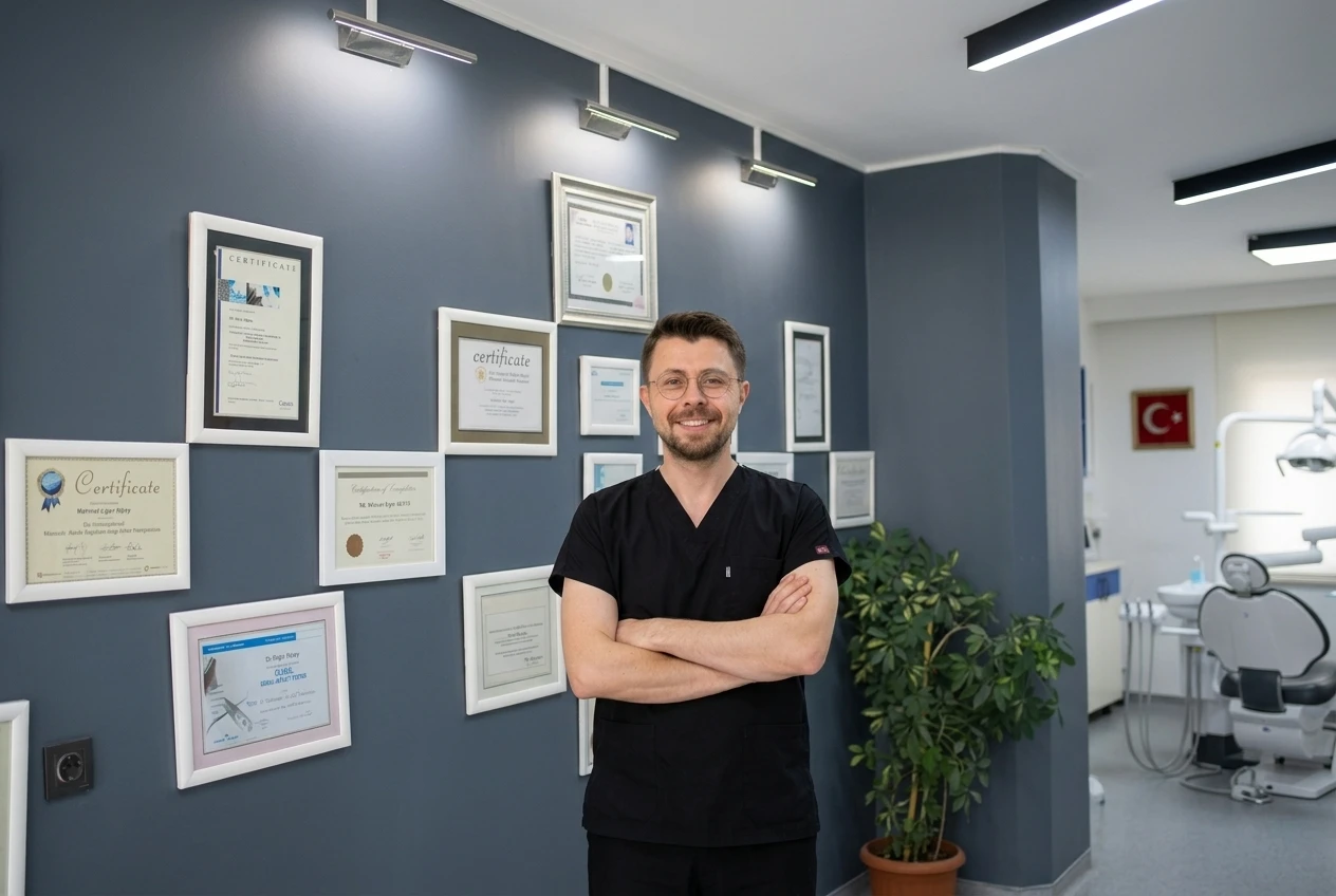 İmplantoloji ve eğitim sertifikalarının sergilendiği duvar
